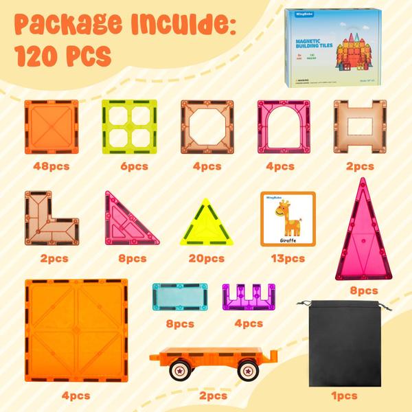 Blocos de construção magnéticos WINGBABE 120PCS com 2 carros e 12 folhas Imagem de Blocos de construção magnéticos WINGBABE 120PCS com 2 carros e 12 folhas