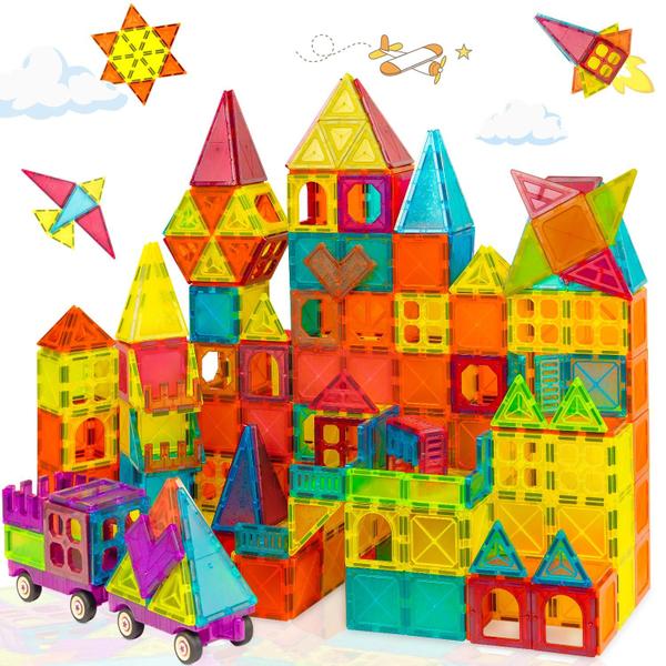 Blocos de construção magnéticos WINGBABE 120PCS com 2 carros e 12 folhas Imagem de Blocos de construção magnéticos WINGBABE 120PCS com 2 carros e 12 folhas