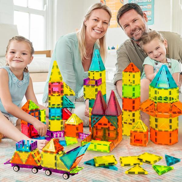 Blocos de construção magnéticos WINGBABE 120PCS com 2 carros e 12 folhas Imagem de Blocos de construção magnéticos WINGBABE 120PCS com 2 carros e 12 folhas