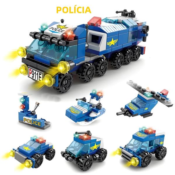 Imagem de Blocos de Construção Mini 6 em 1 para Crianças - Carro de Polícia, Caminhão de Bombeiros e Castelo