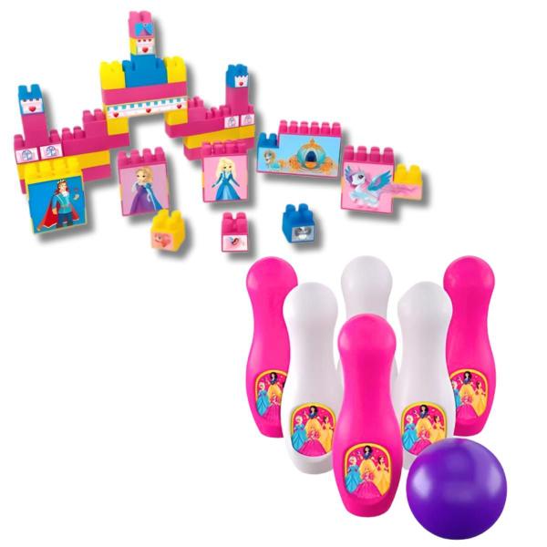 Blocos de Montar Infantil 48 Peças + Boliche Princesas - ggb brinquedos Imagem de Blocos de Montar Infantil 48 Peças + Boliche Princesas