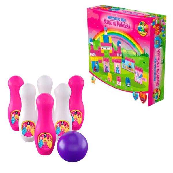 Blocos de Montar Infantil 48 Peças + Boliche Princesas - ggb brinquedos Imagem de Blocos de Montar Infantil 48 Peças + Boliche Princesas