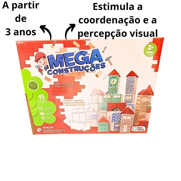 Imagem de Blocos De Montar Madeira 45 Peças Brinquedo Educativo Infantil Mega Construções