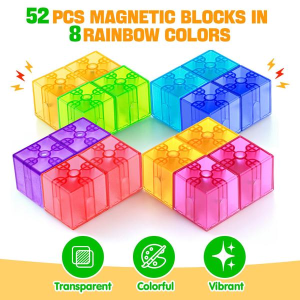 Imagem de Blocos magnéticos Feoxialy Translucent Cubes 52 unidades para crianças de 3 anos ou mais