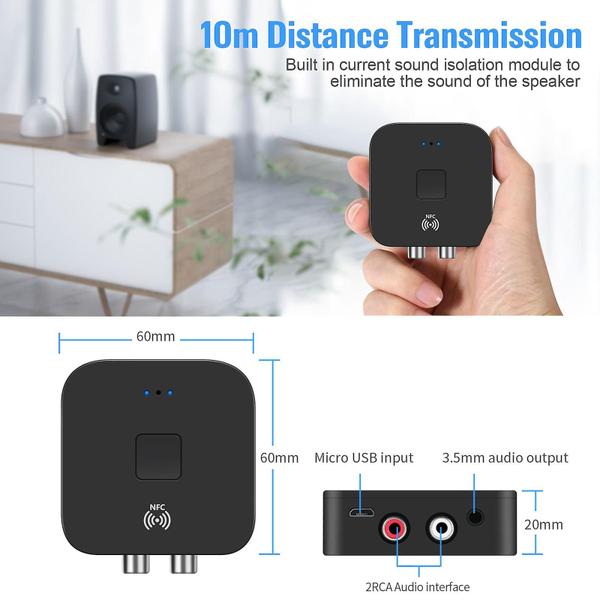 Imagem de Bluetooth 5.0 Transmissor Receptor Sem Fio 3.5mm Aux Nfc Para 2 Rca Adaptador De Áudio