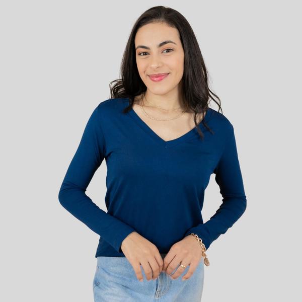 Imagem de Blusa decote V Manga Longa Segunda Pele Azul