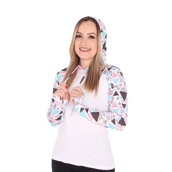 Imagem de Blusa Feminina Com Capuz E Encaixe Para Dedo Proteção Uv50+ Geométrico