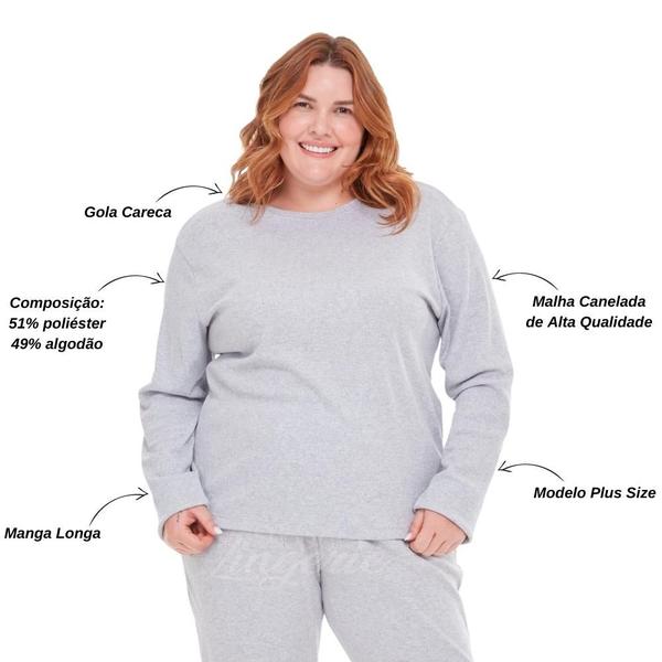 Imagem de Blusa Feminina Plus Size Manga Longa Tecido Canelado Básica Confortável Segunda Pele Ribana Adulto