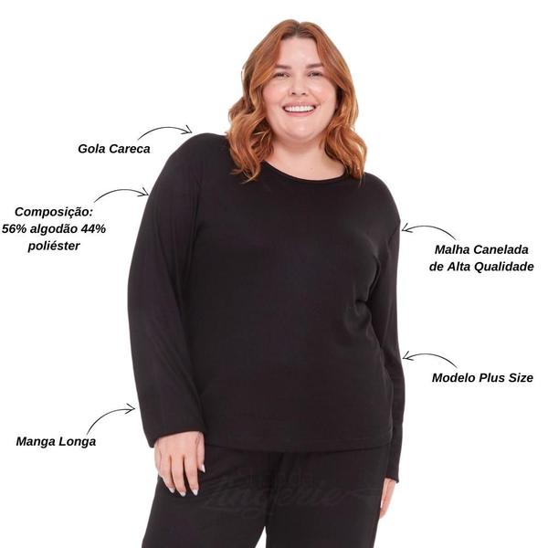 Imagem de Blusa Feminina Plus Size Manga Longa Tecido Canelado Básica Confortável Segunda Pele Ribana Adulto