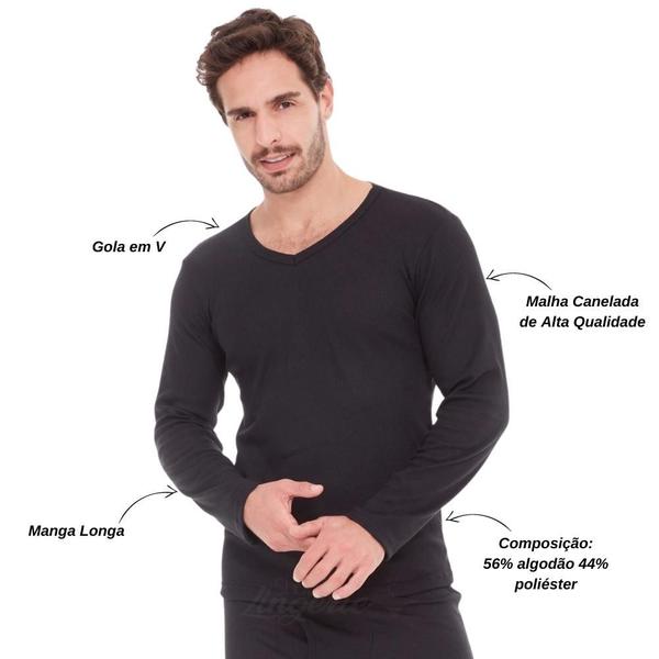 Imagem de Blusa Masculina Manga Longa Gola V Tecido Canelado Básica e Confortável Segunda Pele Ribana Adulto