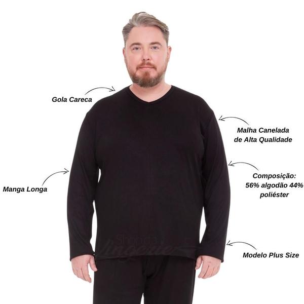 Imagem de Blusa Masculina Plus Size Segunda Pele Manga Longa Tecido Canelado Confortável Básico Gola V Ribana