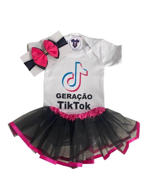 Imagem de Body Bebe Menina TikTok + Laço + Saia Tule - Temático Mesversário