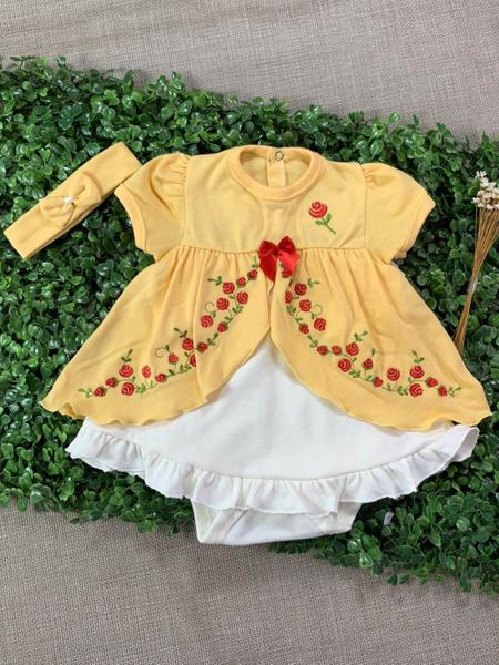 Imagem de Body vestido bebê fantasia manga curta franzida amarelo bordado princesa bela e a fera com faixa de cabelo