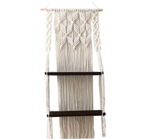 Imagem de Boêmio Macrame Tapestry Rack Mão Parede Tecida Parede de prateleira de madeira de armazenamento de madeira parede de madeira pendurado na tapeçaria Tapeçarias decorativas (pretas)