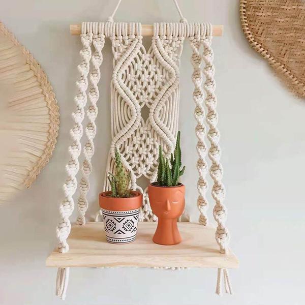 Imagem de Boêmio Macrame Tapestry Rack Mão Parede Tecida Parede pendurada de armazenamento de flores Prateleira de madeira Prateleira de tapeçaria Rack Decoramento Ornamentos Decorativos Tapeçarias Decorativas