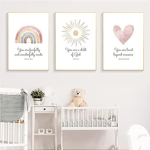 Imagem de Boho Nursery Wall Art 3 Peças Bíblia Verso Berçário Arte Christian Girls Berçário Wall Art Coração Arco-íris Sol Berçário Arte Print Boho Sunshine Berçário Decoração para Menina Bebê Kid Room Decor 16x24 polegadas Unframed