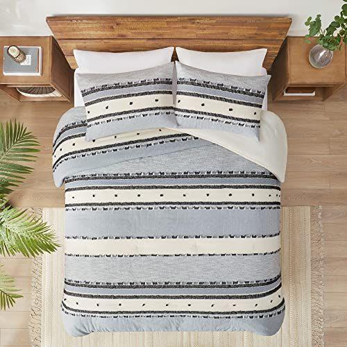 Imagem de Boho Queen Blue Edredom Set, Cama de tamanho completo moderna da fazenda, tampo de algodão com listras Jacquard recortadas de estilo rústico neutro, conjuntos de cama tufados, 3 peças, incluindo travesseiros combinados (90 "x90)