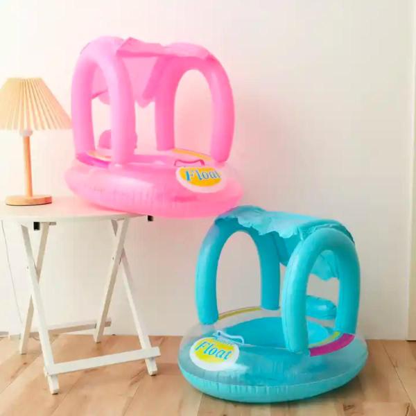 Imagem de Boia bote inflavel infantil bebe com cobertura proteção para piscina