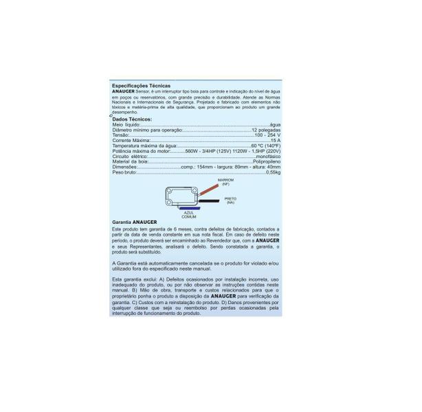 Imagem de Boia de nivel automatica15a 1,2m anauger sensor de nivel elétrica