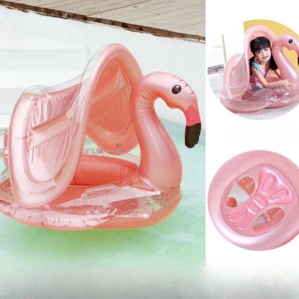 Imagem de Boia e Bote Inflável Flamingo Rose Infantil c/ Cobertura Removível 