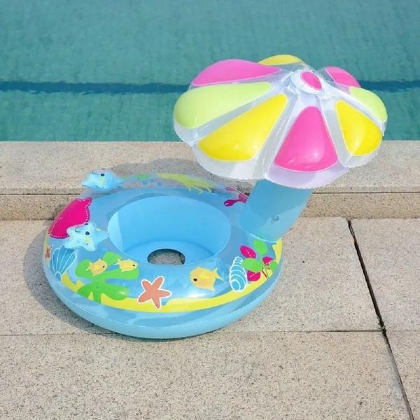 Imagem de Boia Fralda Inflável Infantil Bebê Brinquedo Piscina com protetor solar Cobertura Coqueiro Cogumelo