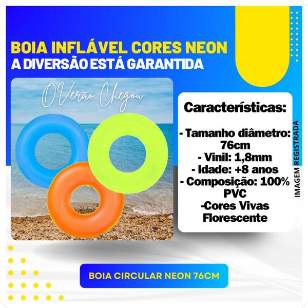 Imagem de Boia Infantil Adulto Criança Redonda Cintura Inflável Neon Praia Piscina Pool Party 76cm