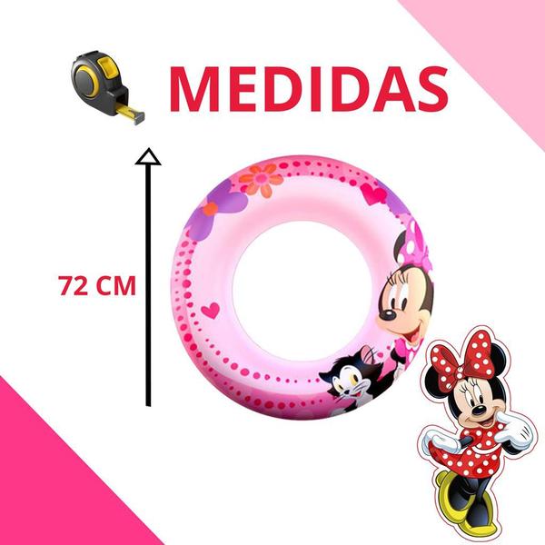 Imagem de Boia Redonda Inflável 72 Cm Criança Colorida Minnie Disney Viagem Praia Carrinho Infantil Meninas