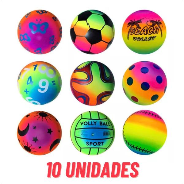 Imagem de Bola de Vinil Pula Pula Neon Atacado Dente de Leite Bolinha Infantil Inflável Pingo Futebol 10 Unidades