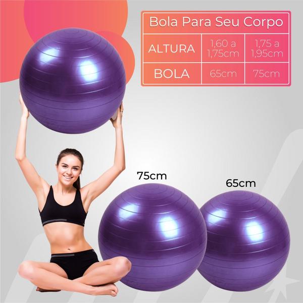 Imagem de Bola Fitness Roxa para Exercício Pilates Yoga Fisioterapia 65 cm Ginástica Alongamento Média