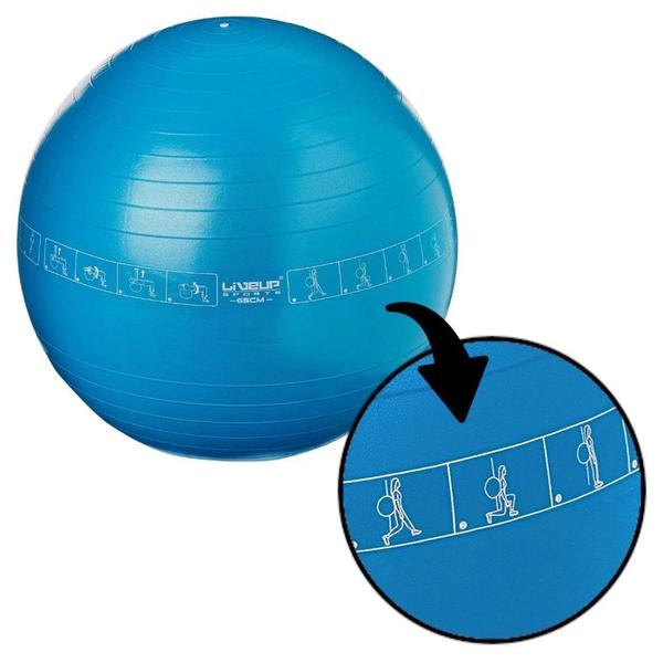 Bola Pilates Suica 65 Cm com Ilustracao de Exercicios Cor Azul Liveup Sports Imagem de Bola Pilates Suica 65 Cm com Ilustracao de Exercicios Cor Azul Liveup Sports