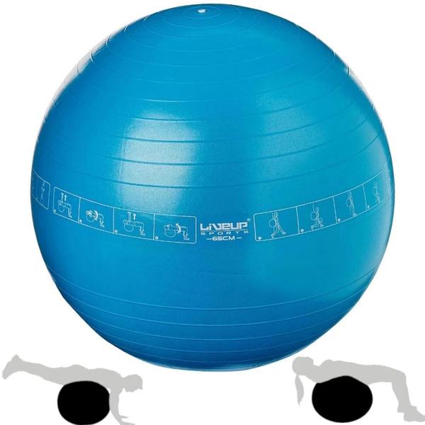 Bola Pilates Suica 65 Cm com Ilustracao de Exercicios Cor Azul Liveup Sports Imagem de Bola Pilates Suica 65 Cm com Ilustracao de Exercicios Cor Azul Liveup Sports