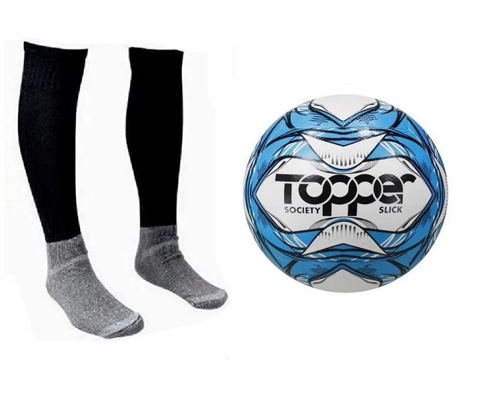 Imagem de Bola Society Topper Slick Ii Az + Meião Esportivo Pt - Tam 38-42