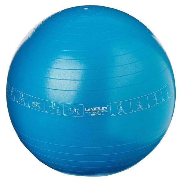 Imagem de Bola Suica 65 Cm com Ilustracao para Pilates e Yoga Cor Azul + Bomba de Dupla Acao de Mao  Liveup Sports 