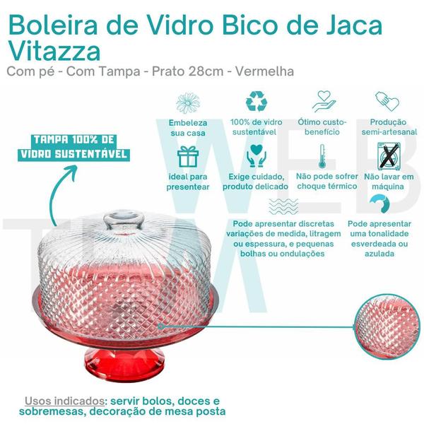 Boleira de Vidro com Pé e Tampa Bico de Jaca 28cm Vermelha Vitazza Prato para Bolo e Doces, Decoração de Festas e Mesa Posta Elegante e Sustentável Imagem de Boleira de Vidro com Pé e Tampa Bico de Jaca 28cm Vermelha Vitazza Prato para Bolo e Doces, Decoração de Festas e Mesa Posta Elegante e Sustentável