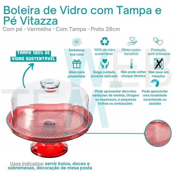 Imagem de Boleira de Vidro com Pé e Tampa Vitazza 28cm Vermelha Prato para Bolo e Doces, Decoração de Festas e Mesa Posta Elegante e Sustentável