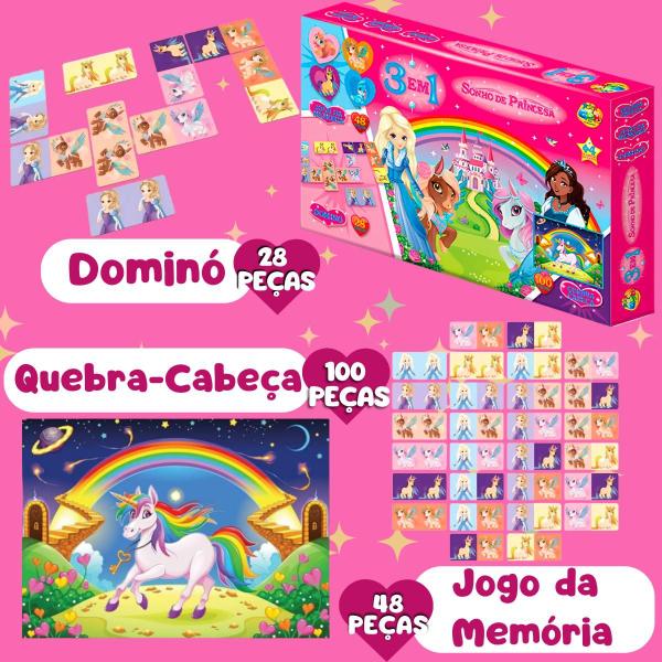 Imagem de Boliche Infantil Menina + Quebra Cabeça 100 Peças Princesas + Domino + Jogo da Memoria Princess GGB