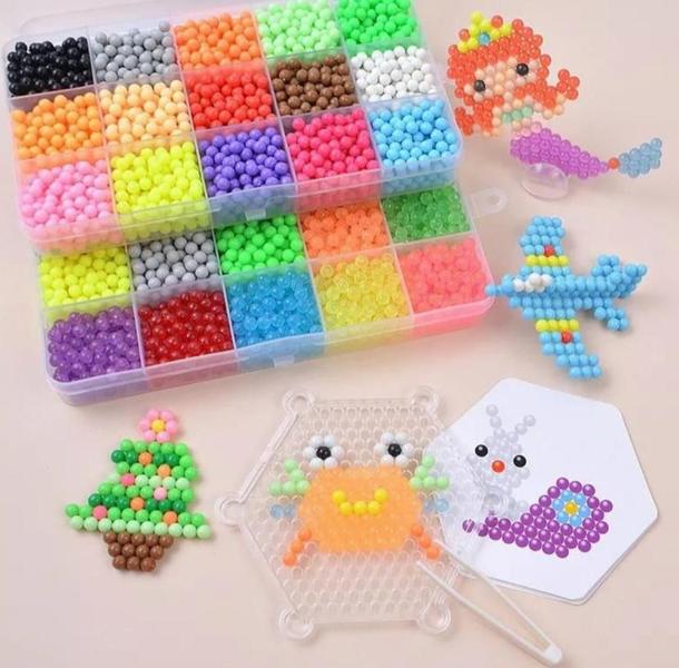 Imagem de Bolinhas Mágica Educativa Aqua Bids Montar Criar Desenhos beads Kit Perler Hama Beads 05mm Caixinha + Mini Pegboard + Pi