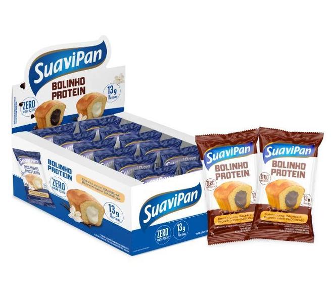 Bolinho Protein, Zero Açúcar Suavipan Baunilha recheado com Chocolate contendo 12 bolinhos de 55g cada Imagem de Bolinho Protein, Zero Açúcar Suavipan Baunilha recheado com Chocolate contendo 12 bolinhos de 55g cada