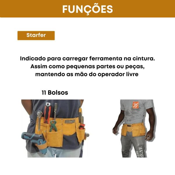 Imagem de Bolsa Cinto Couro Para Ferramentas Eletricista Mecanico Pedreiro Servente Auxiliar Couro Com 11 Bolsos