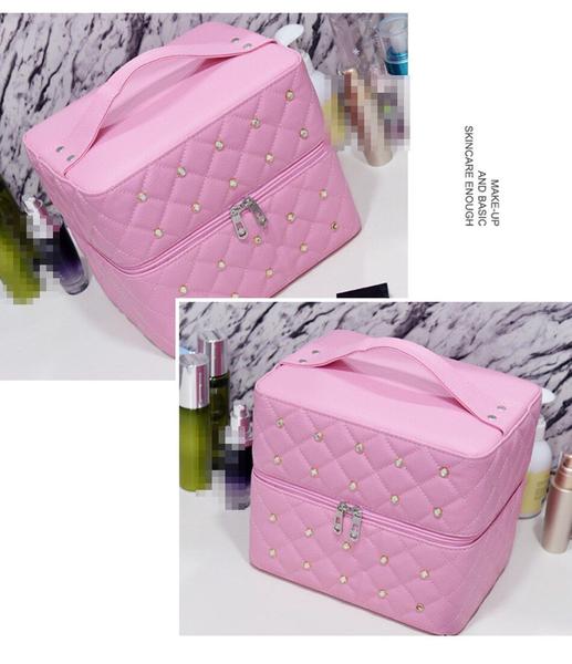 Imagem de Bolsa cosmética Mulheres PU Couro Rhinestone Makeup Bags Travel Organizador De Moda Capacidade 3Camers Cosméticos Caixa de Tronco Portátil Sacos cosméticos e casos