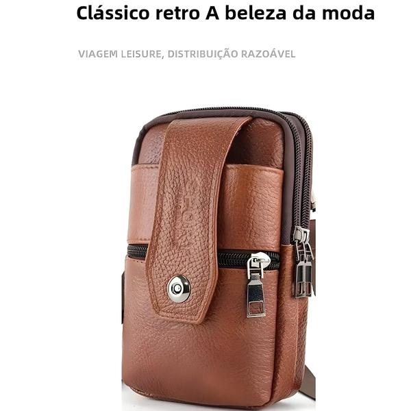 Imagem de Bolsa de Cintura Masculina de Couro Marrom - Grande Capacidade e Fivela Multicamadas