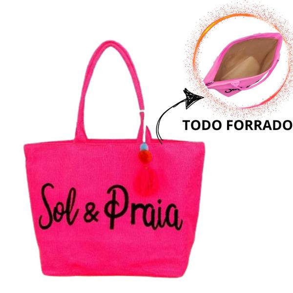 Imagem de Bolsa de Ombro Praia Piscina Feminina de Tecido Estampa Sol e Praia com Zíper e Forro