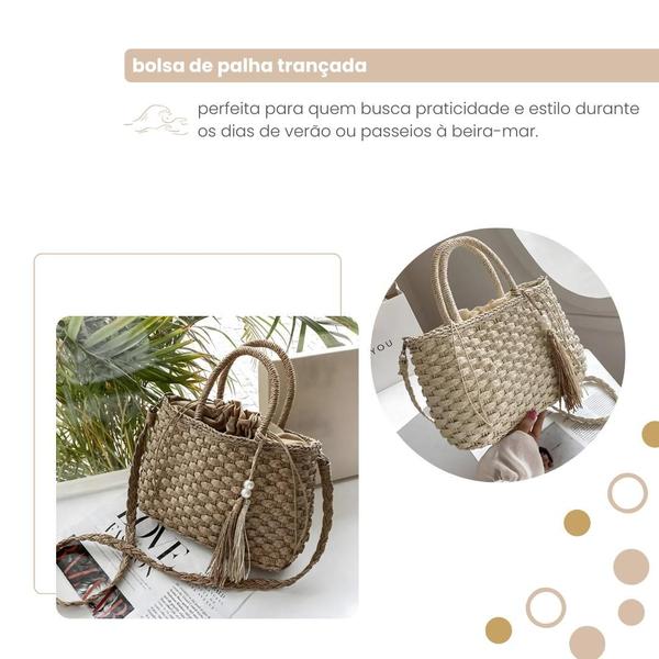 Imagem de Bolsa De Praia Feminina Palha Trançada com Alça Transversal e DetalhesemPérolas