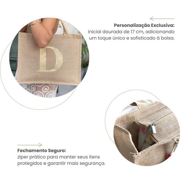 Imagem de Bolsa De Praia Juta Personalizada Com Letra Inicial Dourada