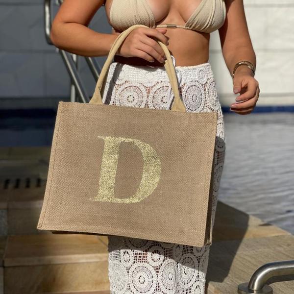 Imagem de Bolsa De Praia Juta Personalizada Com Letra Inicial Dourada