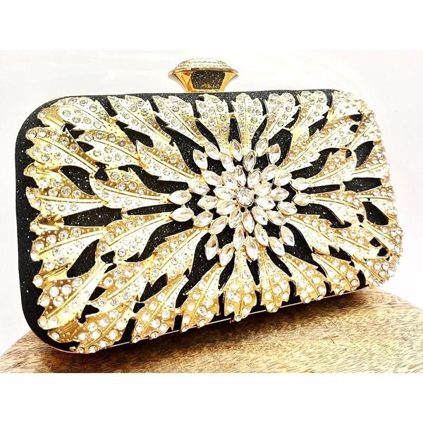 Imagem de Bolsa Festa Clutch Feminina Com Folhas Em Preto e Dourado