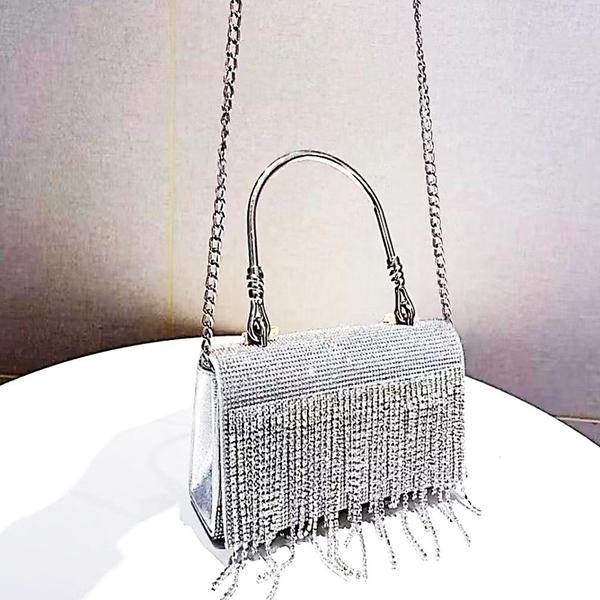 Imagem de Bolsa Festa Clutch Feminina Prateada Com Cortina De Strass