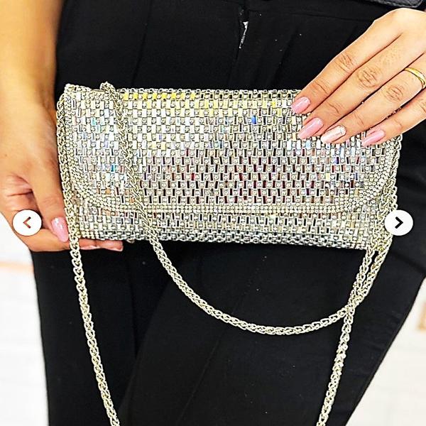 Imagem de Bolsa Festa Clutch Glam Formato De Carteira Com Strass Prata