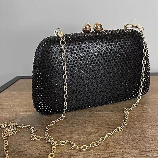 Imagem de Bolsa Festa Clutch Preta Toda Em  Strass E Alça