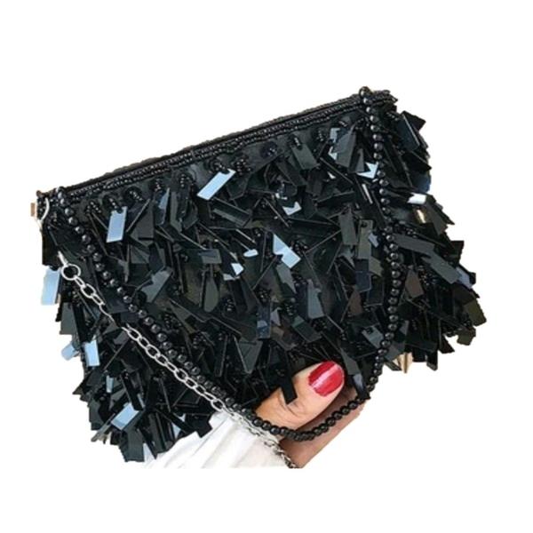 Imagem de Bolsa Festa Clutch Saquinho Preta Texturizada Com Lantejoula